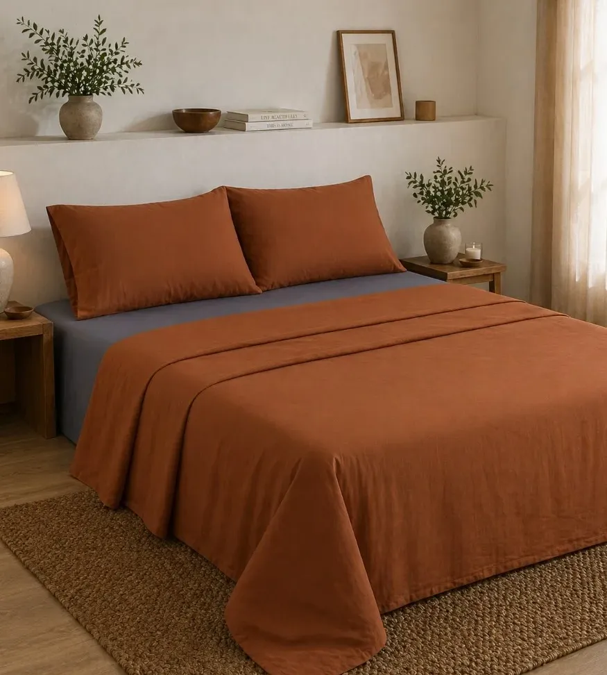 Σετ Σεντόνια Υπέρδιπλα 4 Τεμαχίων 240x260cm 100% Βαμβάκι 200TC Τερακότα - Γκρί
