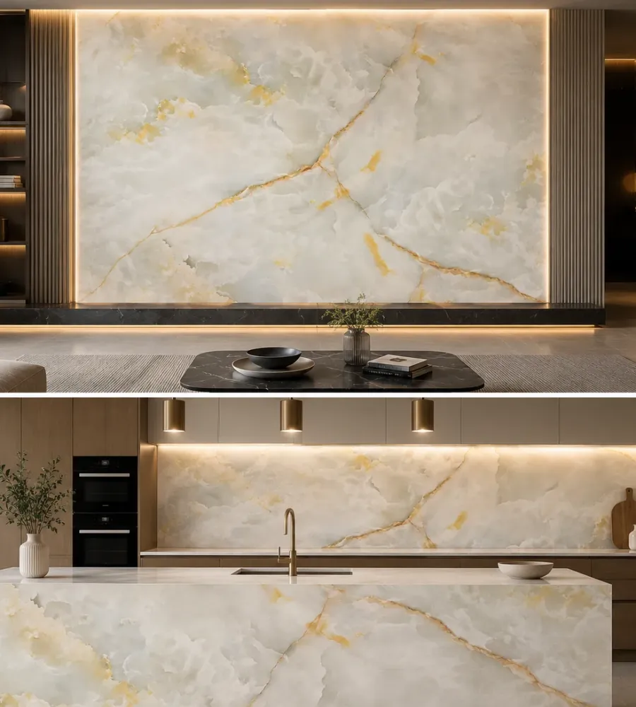 Πάνελ PVC Μαρμάρου Golden Ivory Onyx Glossy 122x244cm 3mm | Premium Επένδυση Τοίχου