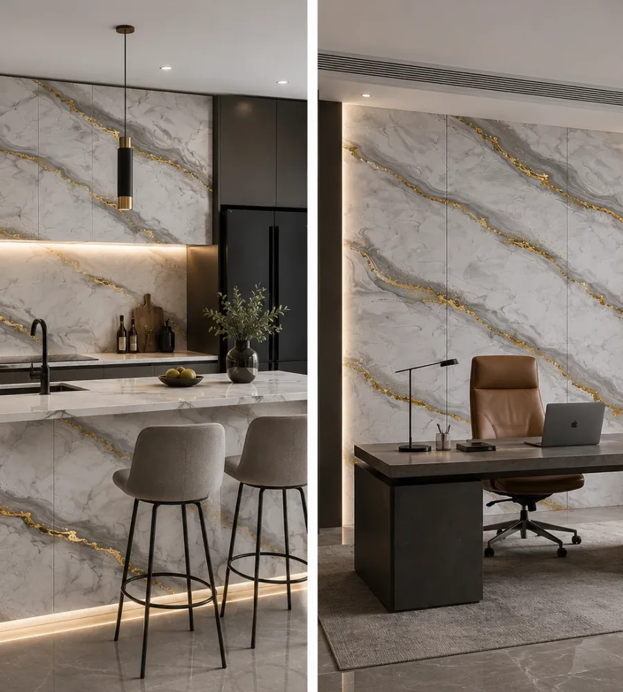 Πάνελ PVC Μαρμάρου Grey Agate Gold Glossy 122x244cm 3mm | Premium Luxury Wall Panel